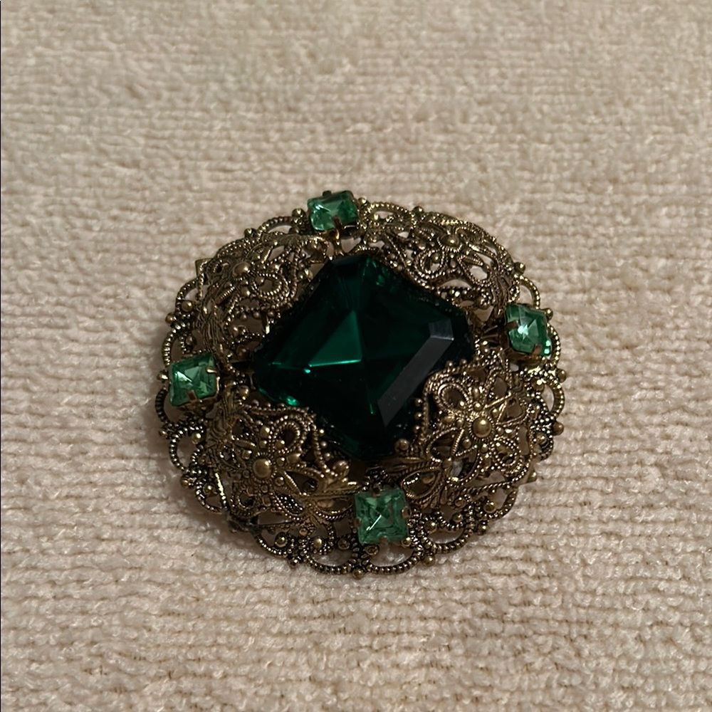 Intricate Czech Filigree Emerald Green Glass and Brass Brooch